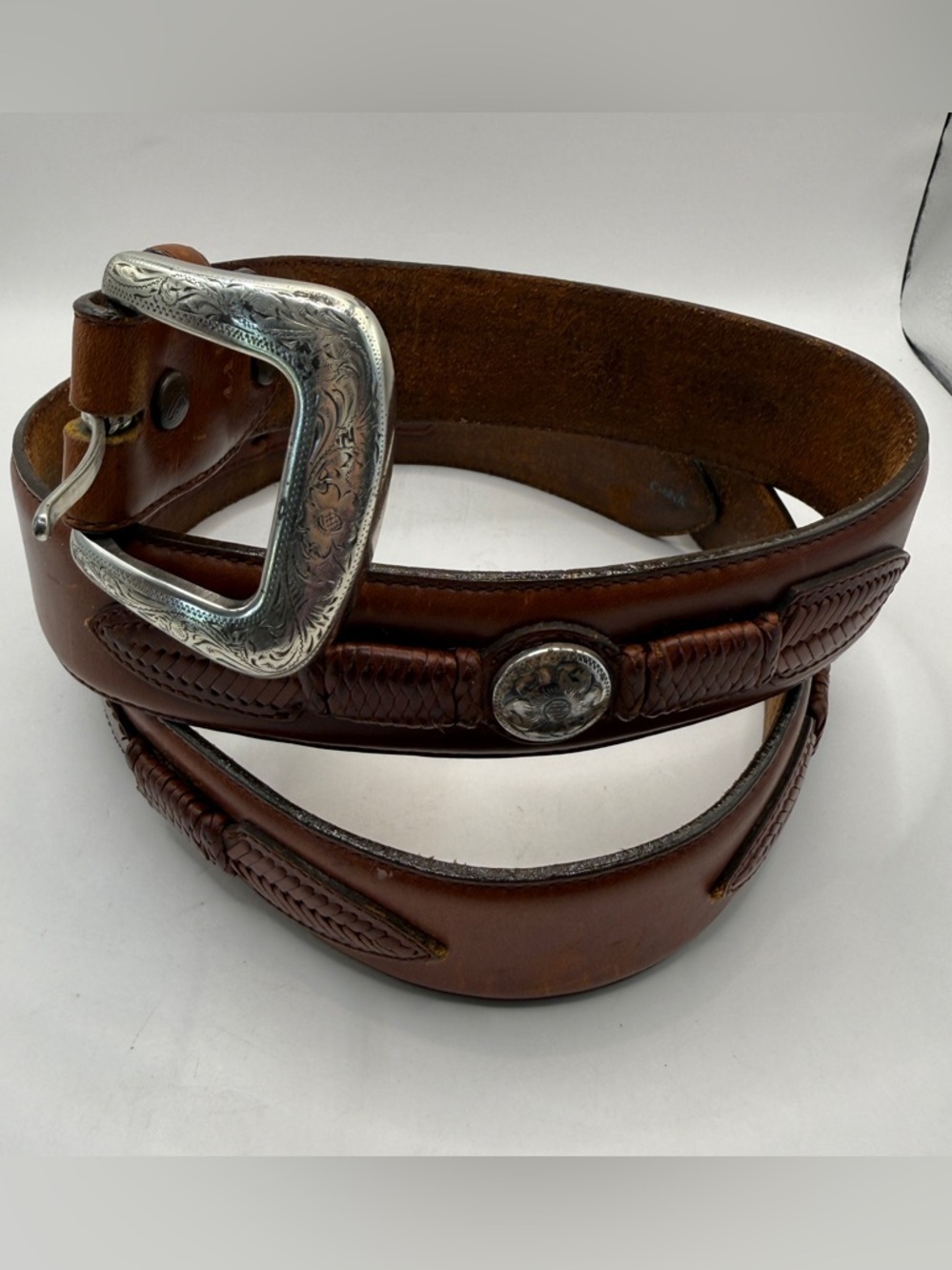 Justin brown leather belt w woven braiding & silver tone conchos, size 44
